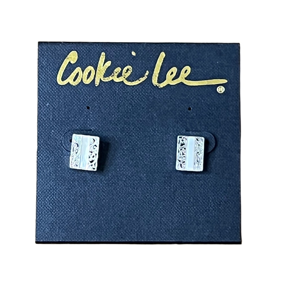 Cookie Lee Genuine Shell Silvertone Stud Earring Set NWT